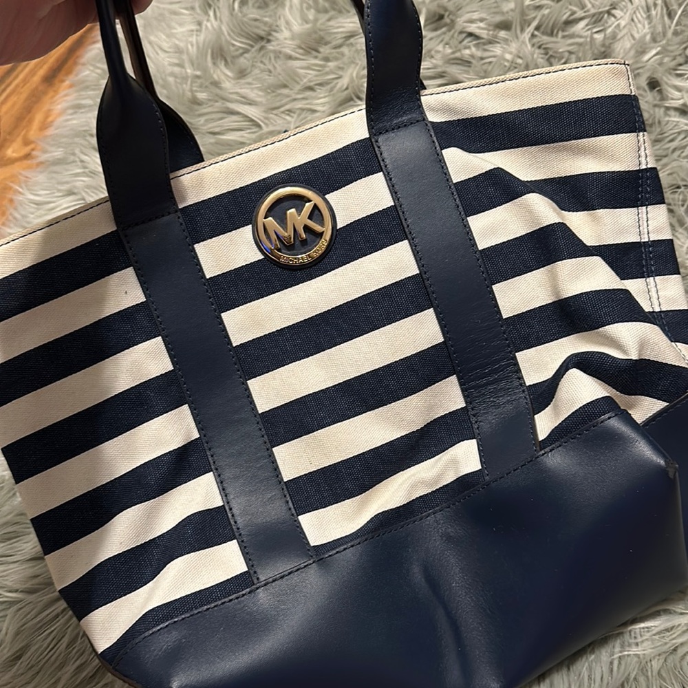 MICHAEL KORS Womens MK Fulton Navy Blue White Striped Canvas Tote Bag